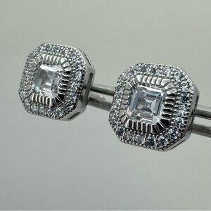 Sterling Silver CZ Halo Stud Earrings Square Cushion Cut NEW